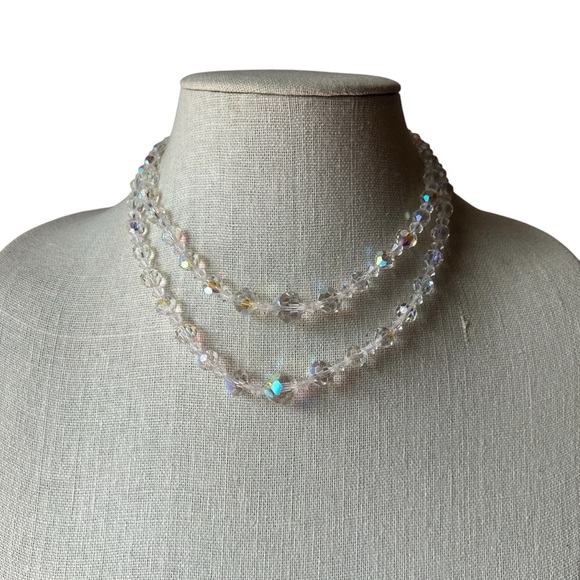 50s Aurora Borealis Clear Crystal Double Strand Necklace and Clip-on Earring Set - Picture 2 of 11